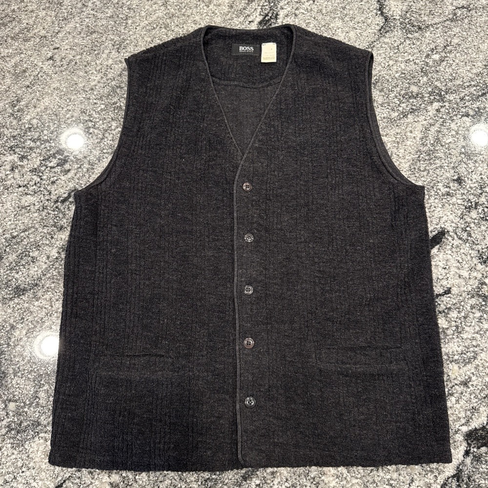Hugo BOSS Wool Blend Vicunia Button Cardigan Sweater Vest Sz XL Black‎